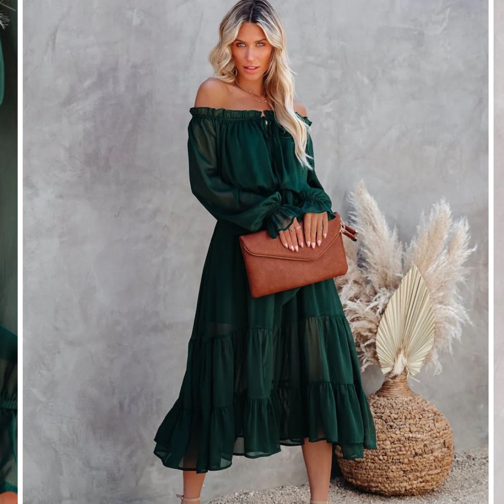 VICI PEACEKEEPER OFF THE SHOULDER MIDI DRESS - HUNTER GREEN NWT MEDIUM